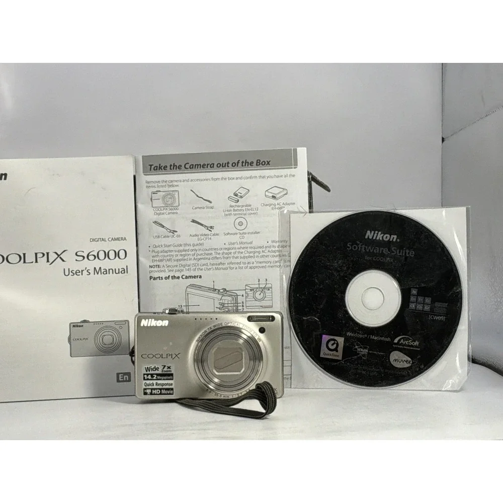 Nikon COOLPIX S6000 14.2MP Digital Camera Champagne silver No Case Card Cables
